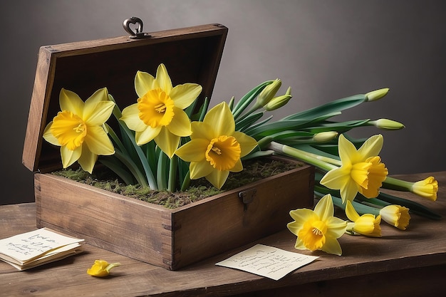 Belle nature morte de printemps avec des fleurs de narcisse jaune vif et des lettres d'amour en bois
