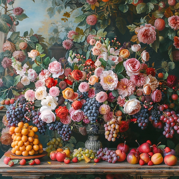 Une belle nature morte riche avec des fruits et des fleurs