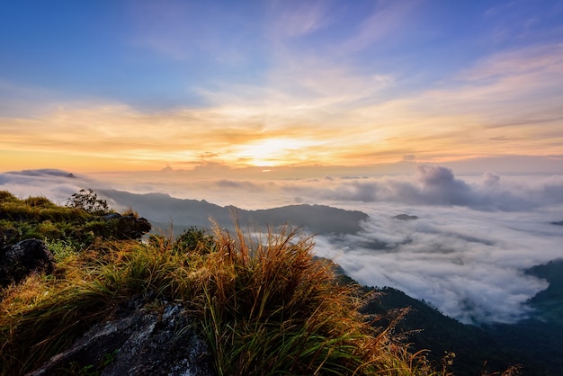 Belle nature de paysage du lever du soleil sur la montagne de pointe avec le brouillard de nuage de soleil et les couleurs vives du ciel en hiver au parc forestier de Phu Chi Fa est une attraction touristique célèbre de la province de Chiang Rai, Thaïlande