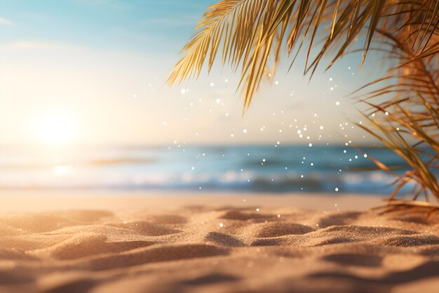 belle nature plage et fond de mer feuilles de palmier au coucher du soleil AI générer