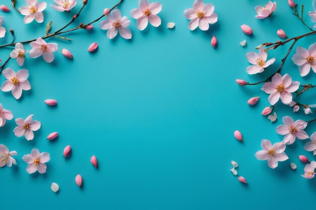Belle nature de printemps à l'arrière-plan avec de beaux pétales de fleurs sur un fond bleu turquoise
