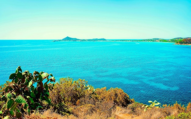 Belle nature de Villasimius et avec les eaux bleues de la mer Méditerranée sur l'île de Sardaigne en Italie en été. province de Cagliari. Paysage et dépaysement