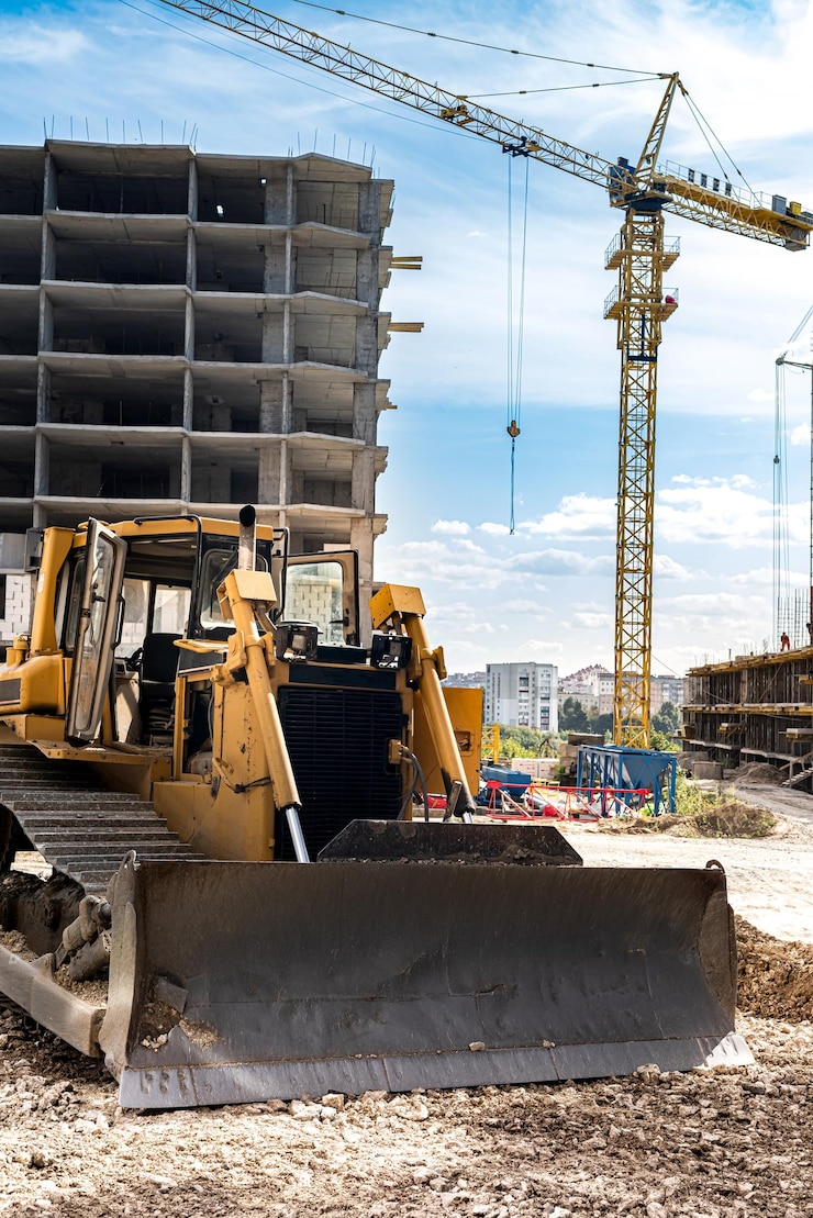 Photo une belle nouvelle niveleuse se tient près d'une nouvelle grue de bâtiment en construction