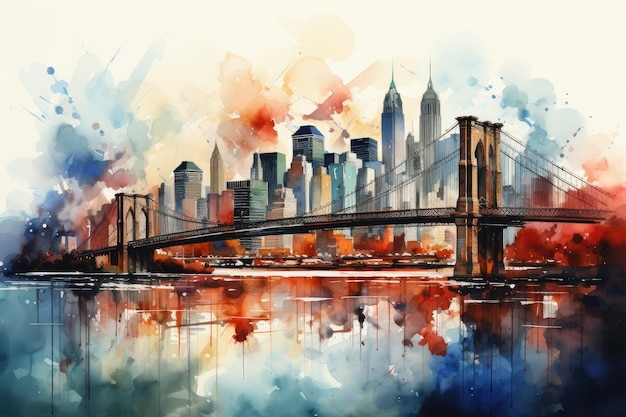 Belle nuit colorée à New York. Pont de Brooklyn, aquarelle. Paysage urbain. IA générative