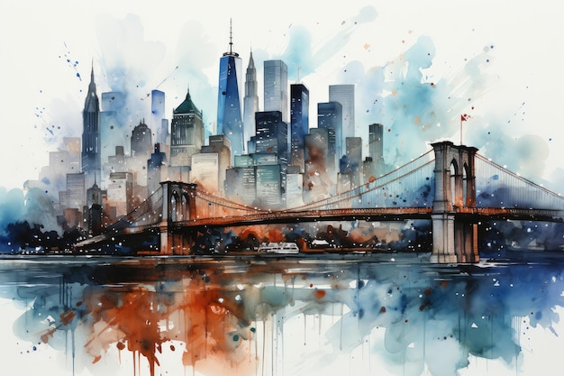 Belle nuit colorée à New York. Pont de Brooklyn, aquarelle. Paysage urbain. IA générative