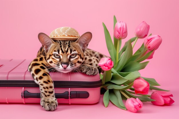 Une belle ocelotte sur une valise.