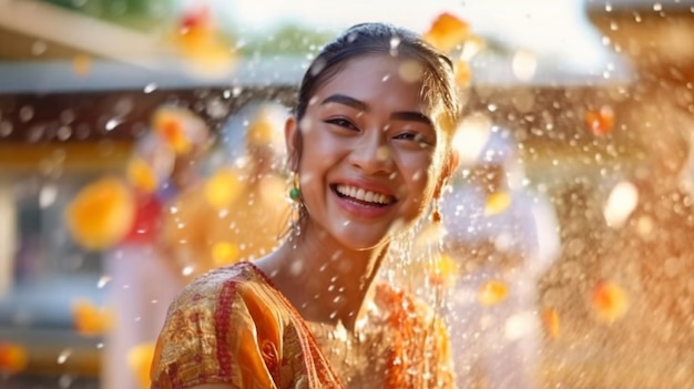 Belle et optimiste jeune femme lors de la célébration annuelle de Water Songkran en Thaïlande, une femme asiatique utilise l'IA générative pour pulvériser de l'eau