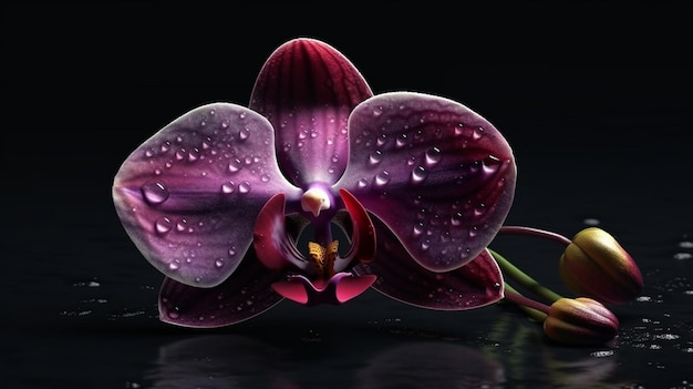 Belle orchidée pourpre avec des gouttes d'eau sur fond noir ai générative