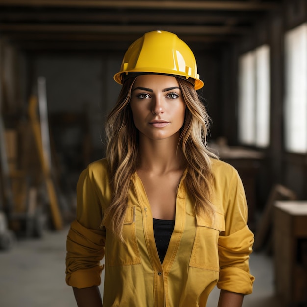 Belle ouvrière du bâtiment portant un casque jaune