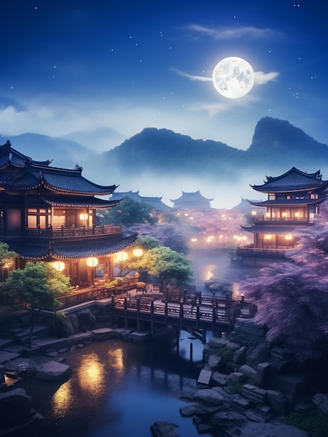 Belle pagode chinoise la nuit avec des lanternes lunaires Nouvel An ou festival de la mi-automne généré par Ai