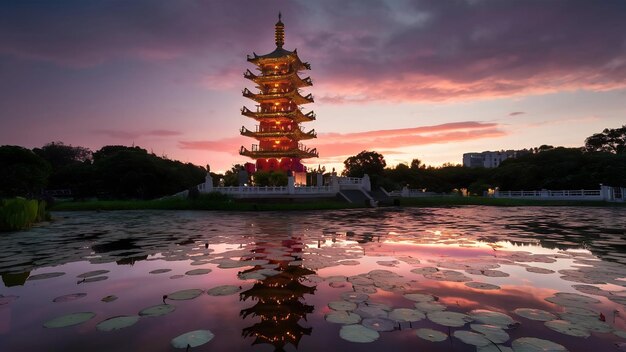 Photo belle pagode décorative lumineuse à l'étang du lotus dans la ville de kaohsiung à taïwan