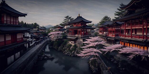 Belle pagode japonaise entourée de fleurs de cerisier en fleurs créées avec une IA générative