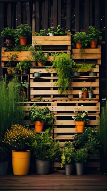 Une belle palette en bois débordant de plantes en pot luxuriantes et d'herbes parfumées