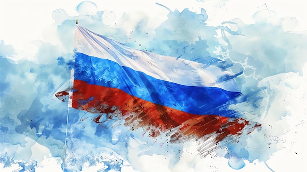 Une belle peinture à l'aquarelle du drapeau russe Le drapeau souffle dans le vent et les couleurs sont vives et brillantes