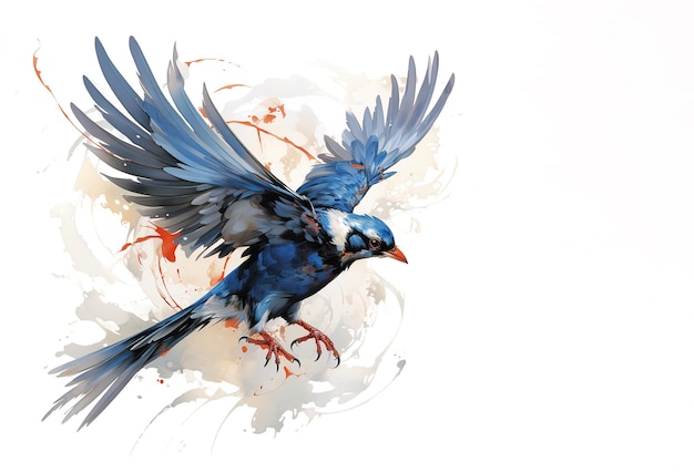 Belle peinture à l'aquarelle d'un oiseau pie bleue à bec rouge déployant ses ailes pour voler Oiseaux Animaux de la faune Illustration IA générative