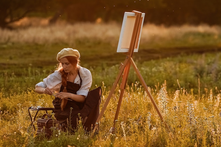 Photo belle peinture artiste féminine au coucher du soleil dans la nature