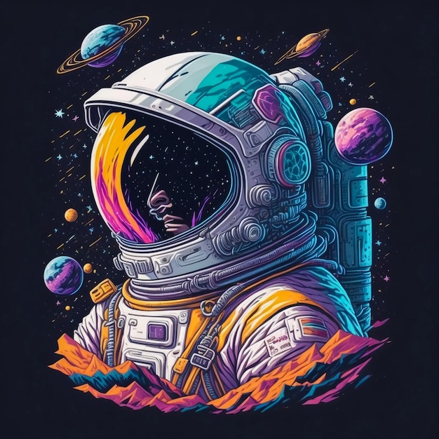 Belle peinture d'un astronaute dans une galaxie de bulles colorées sur une autre planète