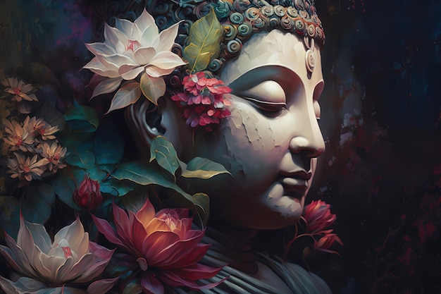 Belle peinture d'un bouddha fleurit tout autour AIGenerated