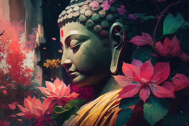 Belle peinture d'un bouddha fleurit tout autour AIGenerated