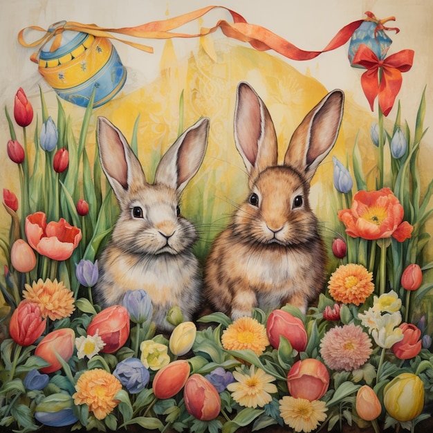 une belle peinture de deux lapins dans un champ de fleurs