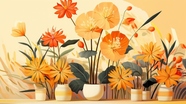 Une belle peinture de fleurs orange et jaunes dans des pots