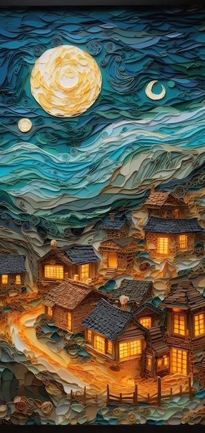 Belle peinture à l'huile d'un village la nuit avec une grande lune dans le ciel Generative Ai