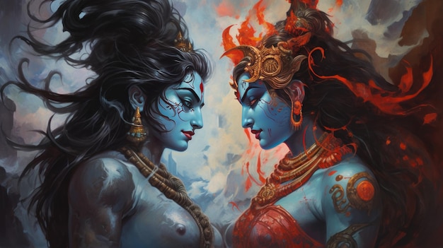 Photo belle peinture de kali et shiva image de dieu hindou