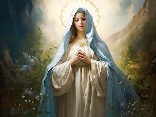 Photo belle peinture de la vierge marie sainte marie mère de dieu notre-dame peinture à l'huile fine œuvre d'art