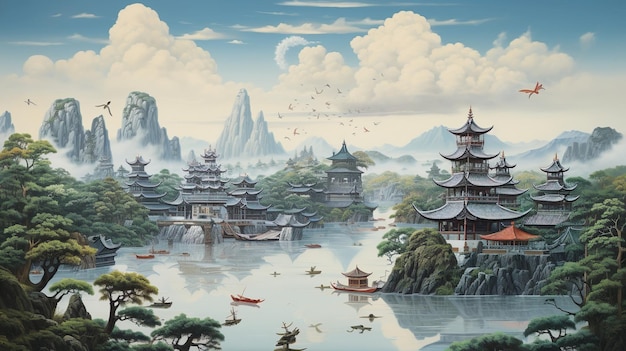 Belle peinture d'un village chinois sur un lac