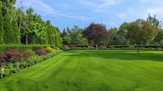 Belle pelouse entretenue et parterre de fleurs avec des arbustes à feuilles caduques sur la parcelle ou le parc en plein air pelouse verte