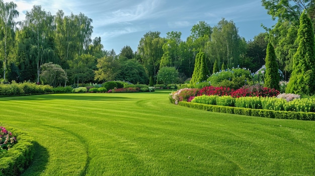 Belle pelouse entretenue et parterre de fleurs avec des arbustes à feuilles caduques sur la parcelle ou le parc en plein air pelouse verte
