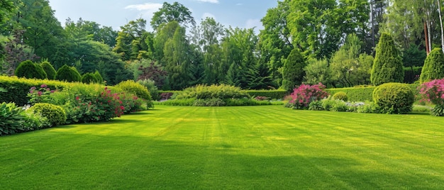 Belle pelouse entretenue et parterre de fleurs avec des arbustes à feuilles caduques sur la parcelle ou le parc en plein air pelouse verte