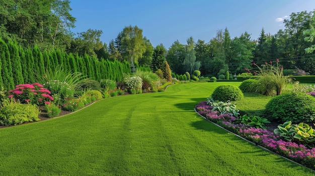 Belle pelouse entretenue et parterre de fleurs avec des arbustes à feuilles caduques sur la parcelle ou le parc en plein air pelouse verte