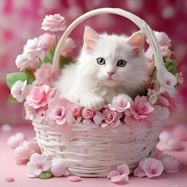 Photo belle petite chatte blanche 3d réaliste mignon coloré dans un panier de fleurs