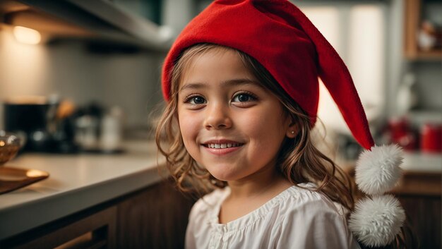 Une belle petite fille dans un portrait de chapeau de Père Noël dans la cuisine