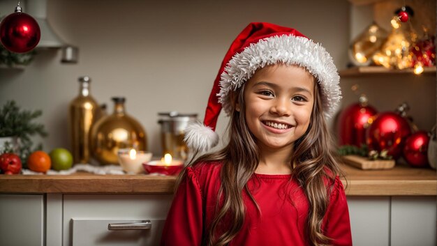 Une belle petite fille dans un portrait de chapeau de Père Noël dans la cuisine