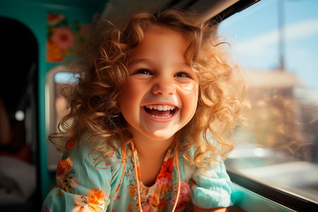 belle petite fille riant à l'intérieur d'une fourgonnette camper turquoise avec le soleil qui passe par la fenêtre