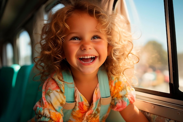 belle petite fille riant à l'intérieur d'une fourgonnette camper turquoise avec le soleil qui passe par la fenêtre