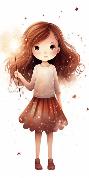 Belle petite fille en robe avec baguette magique sur fond blanc Illustration de conte de fées