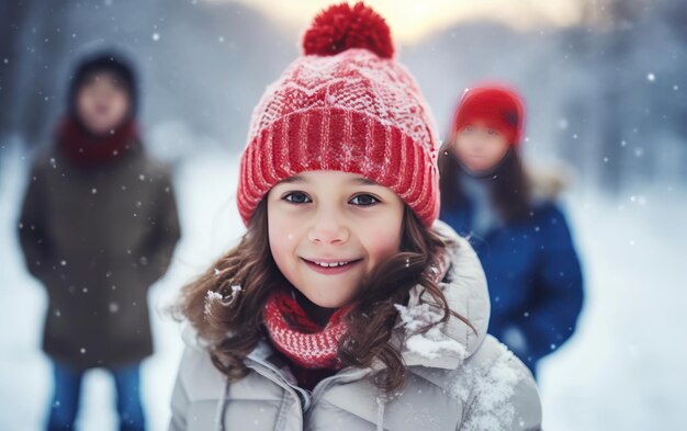 Photo une belle petite fille souriante portant un chapeau rose une veste grise dans l'hiver enneigé ia générative