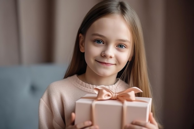 Belle petite fille tenant une boîte-cadeau Portrait enfant fille tenant une boîte-cadeau d'anniversaire Générer Ai