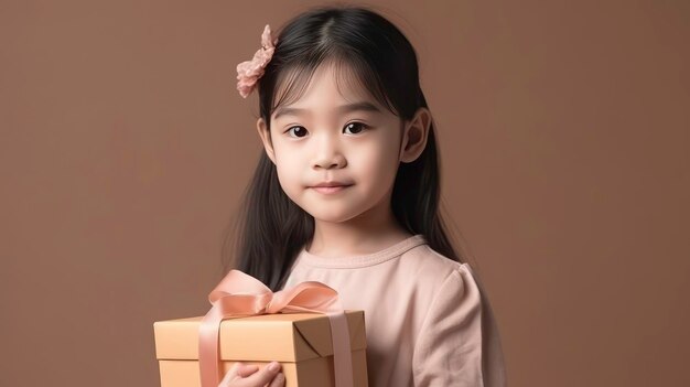 Belle petite fille tenant une boîte-cadeau Portrait enfant garçon tenant une boîte-cadeau d'anniversaireAIgenerated