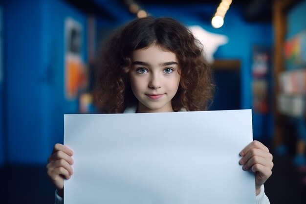 Une belle petite fille tenant dans ses mains une feuille de papier blanche