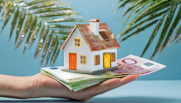 Belle petite maison sur une pile de billets d'euro dans la main avec un fond bleu clair