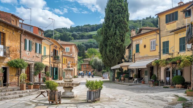Photo une belle petite place italienne avec une fontaine entourée de bâtiments colorés et d'une verdure luxuriante