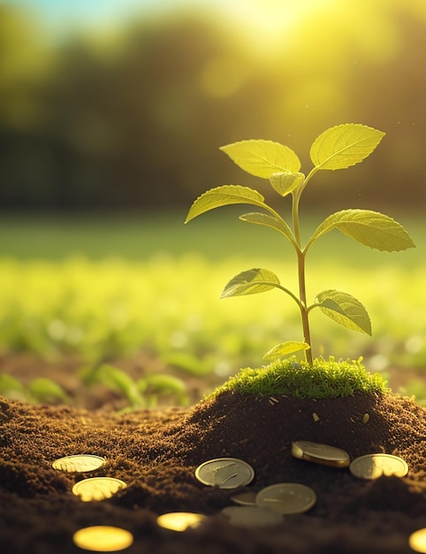 Une belle petite plante qui pousse d'une pile d'argent