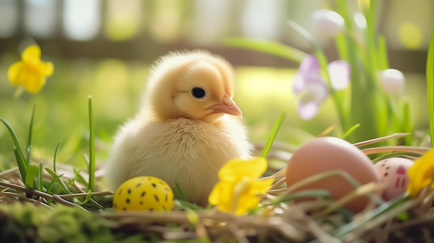 Belle petite poule dans le nid avec des œufs de Pâques sur une carte de vœux de Pâque sur l'herbe verte