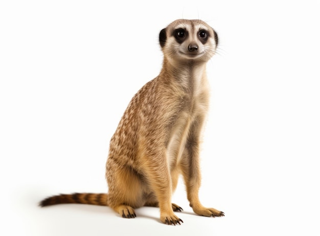 Belle petite suricate assise et regardant dans la caméra isolée sur un fond blanc Cute Suricata