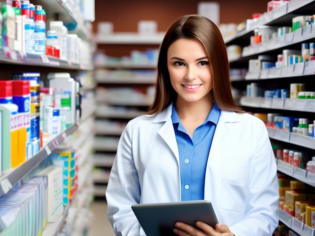 Une belle pharmacienne heureuse dans une pharmacie.