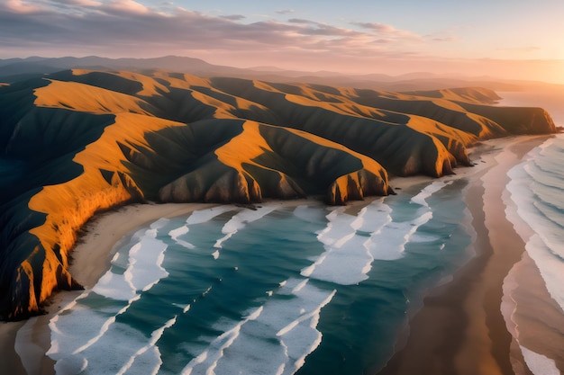 Belle photo aérienne d'un bord de mer avec des collines sur le fond au coucher du soleil